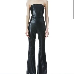 Alice + Olivia Black Faux Leather Flare Jumpsuit